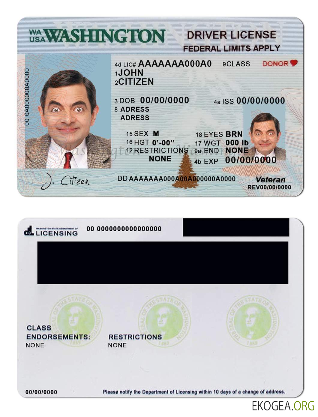 USA Washington driving license template in PSD format (2018 – present)